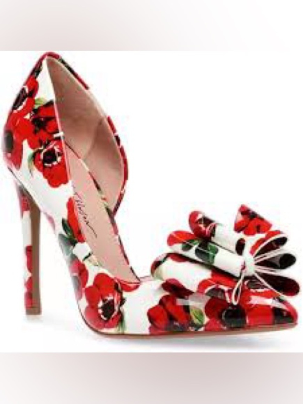 GUC Betsey Johnson Brand Red Rose Floral Bow Pointed-Toe High Heels White Flower - Picture 15 of 16